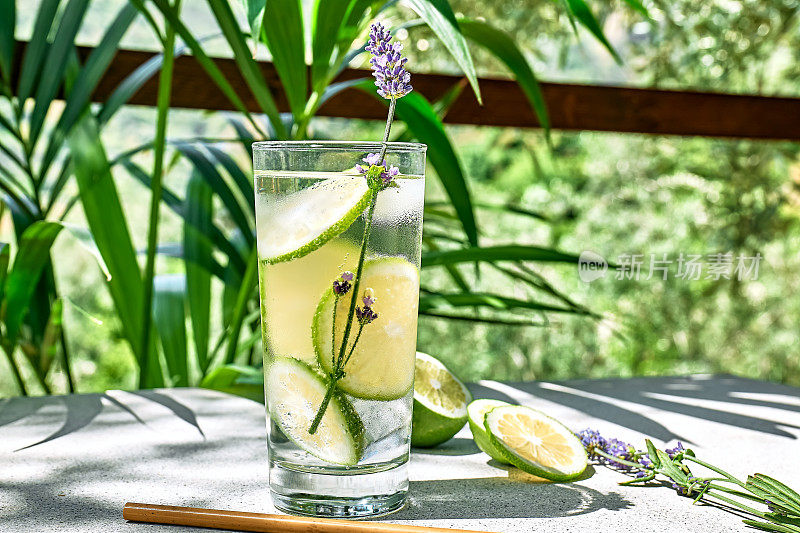 凉爽的薰衣草柠檬水，柠檬片和薰衣草花在热带花园的桌子上与棕榈树。健康的有机夏季苏打饮料。排毒水。饮食unalcolic coctail。